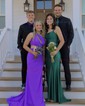 Trumpet/Mermaid One Shoulder Stretch Crepe Sweep Train Prom Dresses With Ruched