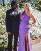 Trumpet/Mermaid One Shoulder Stretch Crepe Sweep Train Prom Dresses With Ruched