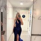 Sheath/Column One Shoulder Velvet Sequins Sweep Train Split Front Prom Dresses
