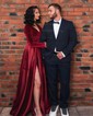 Ball Gown V-neck Velvet Satin Prom Dresses With Long Sleeves