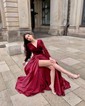 Ball Gown V-neck Velvet Satin Prom Dresses With Long Sleeves