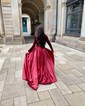 Ball Gown V-neck Velvet Satin Prom Dresses With Long Sleeves