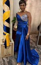 Sheath/Column Off-the-shoulder Ruched Satin Prom Dresses With Beading