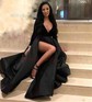 Ball Gown V-neck Velvet Satin Prom Dresses With Long Sleeves