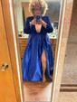 Ball Gown V-neck Sparkly Sequin Satin Prom Dresses With Long Sleeves