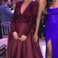 Ball Gown V-neck Sparkly Sequin Satin Prom Dresses With Long Sleeves