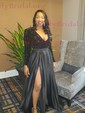 Ball Gown V-neck Sparkly Sequin Satin Prom Dresses With Long Sleeves