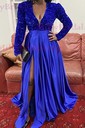 Ball Gown V-neck Sparkly Sequin Satin Prom Dresses With Long Sleeves