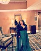 Ball Gown V-neck Sparkly Sequin Satin Prom Dresses With Long Sleeves