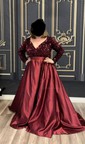 Ball Gown V-neck Sparkly Sequin Satin Prom Dresses With Long Sleeves