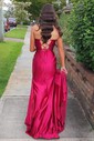 Sheath/Column Cowl Neck Silk-like Satin Floor-length Prom Dresses With Ruched