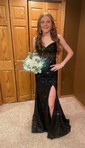 Black Mermaid V-neck Sparkly Sequin Prom Dresses With Ruched