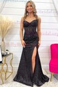 Black Mermaid V-neck Sparkly Sequin Prom Dresses With Ruched