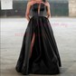 Black Ball Gown Strapless Satin Prom Dresses With Ruched