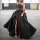 Black Ball Gown Strapless Satin Prom Dresses With Ruched