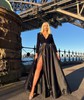Ball Gown V-neck Sparkly Sequin Satin Prom Dresses With Long Sleeves