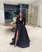 Ball Gown V-neck Sparkly Sequin Satin Prom Dresses With Long Sleeves