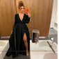 Ball Gown V-neck Sparkly Sequin Satin Prom Dresses With Long Sleeves