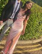 Sheath/Column Off-the-shoulder Satin Prom Dresses With Ruched