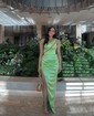 Sheath/Column One Shoulder Satin Cut Out Prom Dresses With Ruched