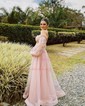 A-line Off-the-shoulder Tulle Puff Sleeve Prom Dresses With Appliques