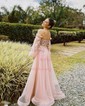 A-line Off-the-shoulder Tulle Puff Sleeve Prom Dresses With Appliques