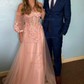 A-line Off-the-shoulder Tulle Puff Sleeve Prom Dresses With Appliques