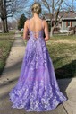 Ball Gown/Princess Square Neckline Organza Glitter Sweep Train Prom Dresses With Appliques Lace