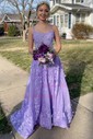 Ball Gown/Princess Square Neckline Organza Glitter Sweep Train Prom Dresses With Appliques Lace