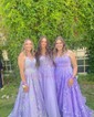 Ball Gown/Princess Square Neckline Organza Glitter Sweep Train Prom Dresses With Appliques Lace