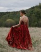Ball Gown/Princess Square Neckline Organza Glitter Sweep Train Prom Dresses With Appliques Lace