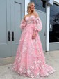 Ball Gown/Princess Off-the-shoulder Tulle Sweep Train Prom Dresses With Appliques Lace