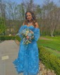 Ball Gown/Princess Off-the-shoulder Tulle Sweep Train Prom Dresses With Appliques Lace
