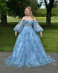 Ball Gown/Princess Off-the-shoulder Tulle Sweep Train Prom Dresses With Appliques Lace