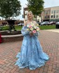 Ball Gown/Princess Off-the-shoulder Tulle Sweep Train Prom Dresses With Appliques Lace