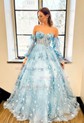 Ball Gown/Princess Off-the-shoulder Tulle Sweep Train Prom Dresses With Appliques Lace