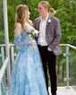 Ball Gown/Princess Off-the-shoulder Tulle Sweep Train Prom Dresses With Appliques Lace