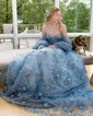 Ball Gown/Princess Off-the-shoulder Tulle Sweep Train Prom Dresses With Appliques Lace
