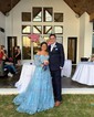 Ball Gown/Princess Off-the-shoulder Tulle Sweep Train Prom Dresses With Appliques Lace