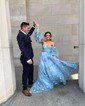 Ball Gown/Princess Off-the-shoulder Tulle Sweep Train Prom Dresses With Appliques Lace