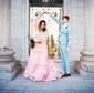 Ball Gown/Princess Off-the-shoulder Tulle Sweep Train Prom Dresses With Appliques Lace