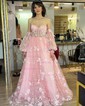 Ball Gown/Princess Off-the-shoulder Tulle Sweep Train Prom Dresses With Appliques Lace