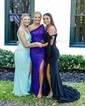 Sheath/Column Sweep Train Off-the-shoulder Jersey Split Front Prom Dresses
