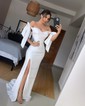 Sheath/Column Sweep Train Off-the-shoulder Jersey Split Front Prom Dresses
