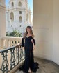 Sheath/Column Sweep Train Off-the-shoulder Jersey Split Front Prom Dresses