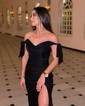 Sheath/Column Sweep Train Off-the-shoulder Jersey Split Front Prom Dresses