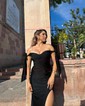 Sheath/Column Sweep Train Off-the-shoulder Jersey Split Front Prom Dresses