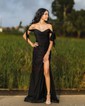 Sheath/Column Sweep Train Off-the-shoulder Jersey Split Front Prom Dresses