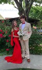 Sheath/Column Sweep Train Off-the-shoulder Jersey Split Front Prom Dresses