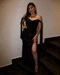 Sheath/Column Sweep Train Off-the-shoulder Jersey Split Front Prom Dresses